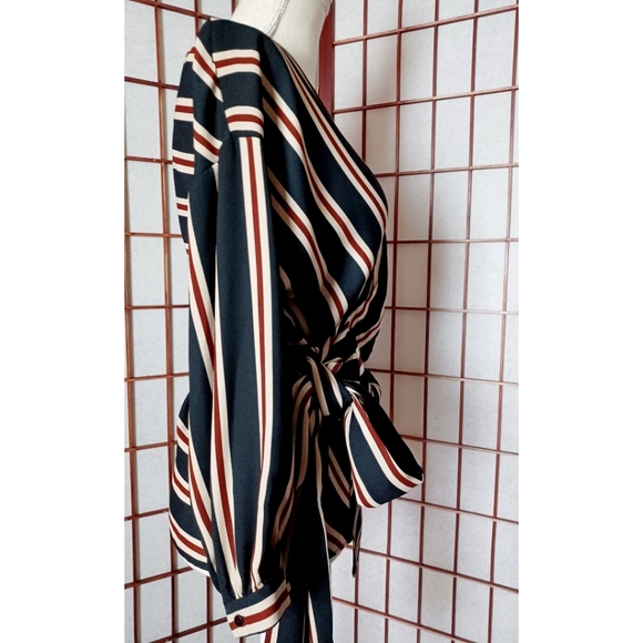 Zara Black Striped V-Neck Long Sleeve True Wrap Blouse - Picture 12 of 16